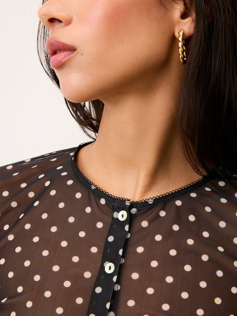 BARCLEY black polka-dot mesh cardigan worn on a model by Rouje