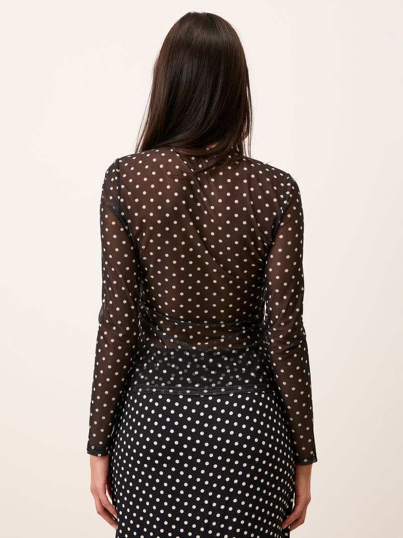 BARCLEY black polka-dot mesh cardigan, back view by Rouje