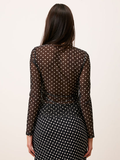 BARCLEY black polka-dot mesh cardigan, back view by Rouje