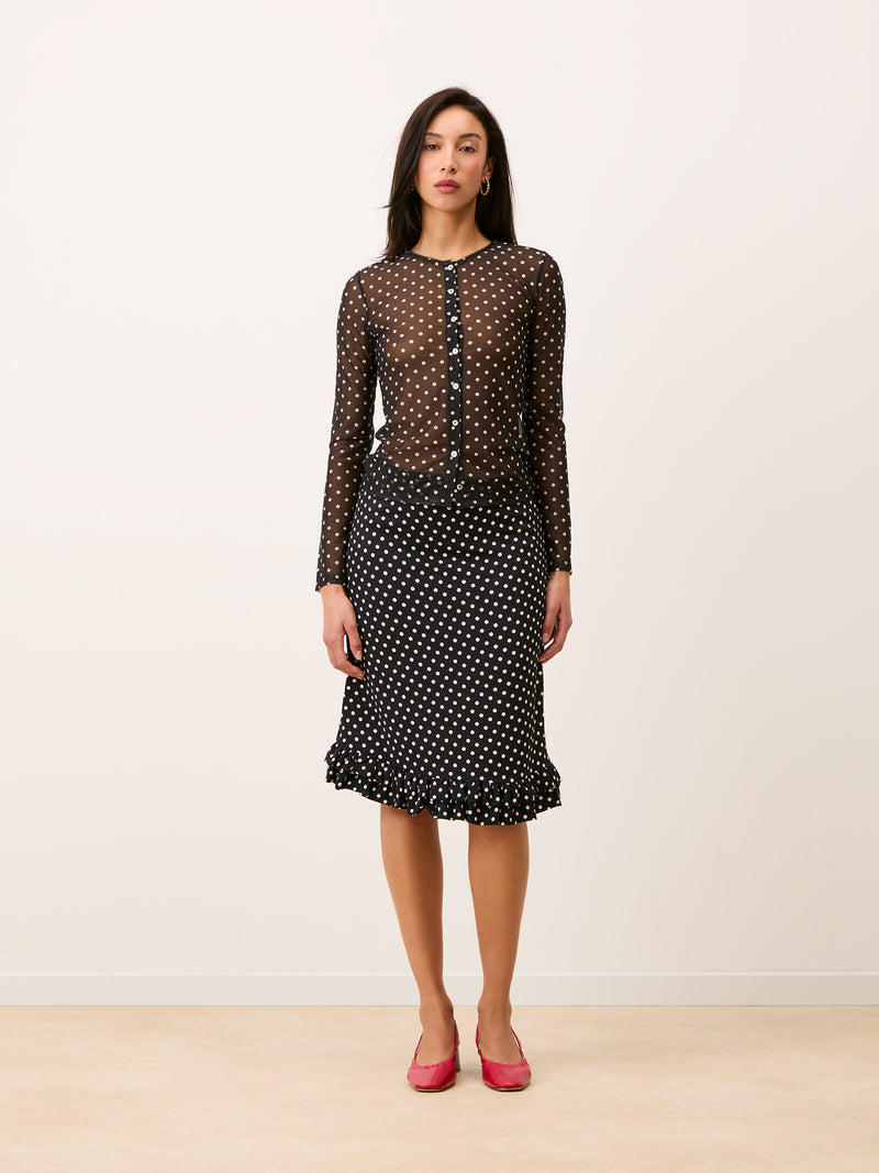 BARCLEY black Carmen polka-dot mesh cardigan, detail of picot neckline by Rouje