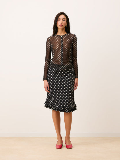 BARCLEY black Carmen polka-dot mesh cardigan, detail of picot neckline by Rouje