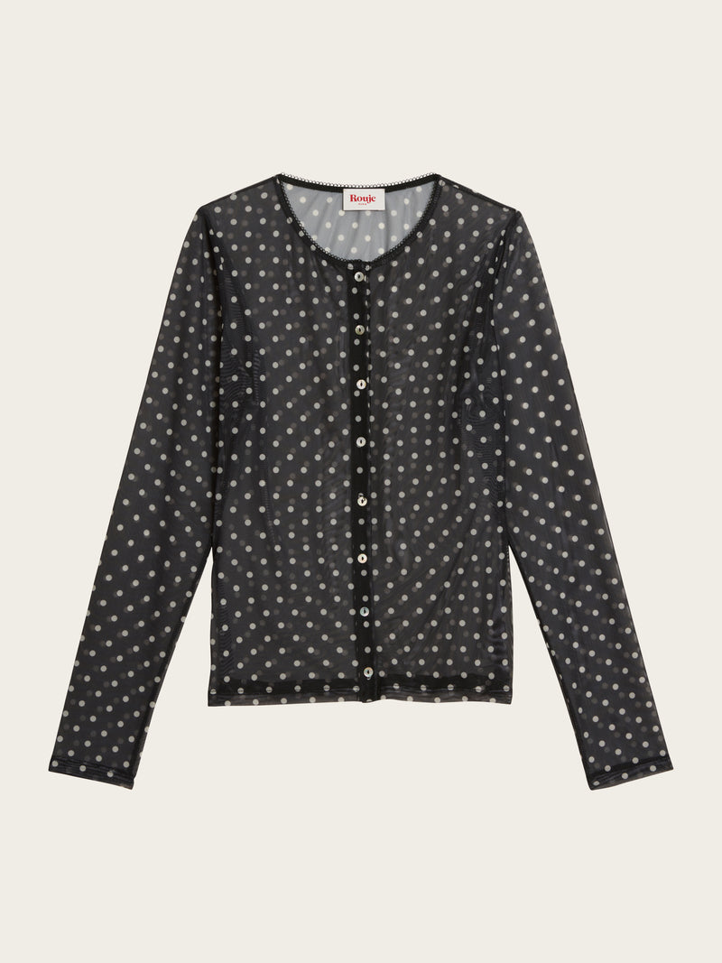 BARCLEY black Carmen polka-dot transparent mesh cardigan, flat packshot by Rouje