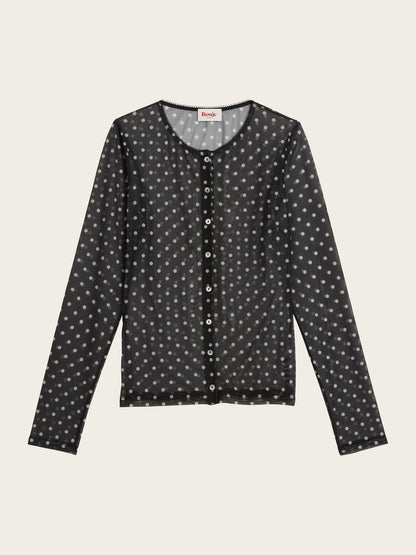 BARCLEY black Carmen polka-dot transparent mesh cardigan, flat packshot by Rouje
