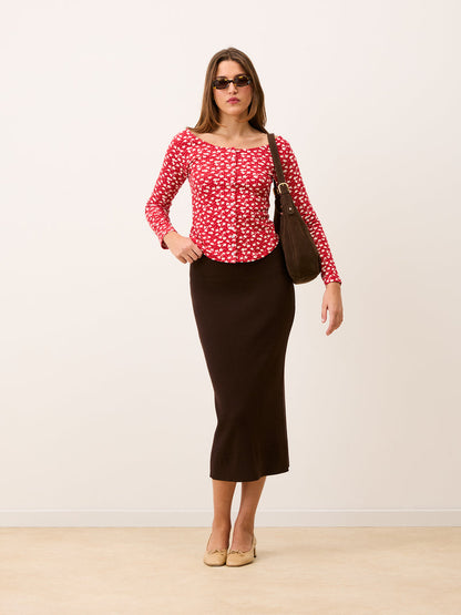 BEATA red sweet-pea print slim-fit cotton top, front view by Rouje