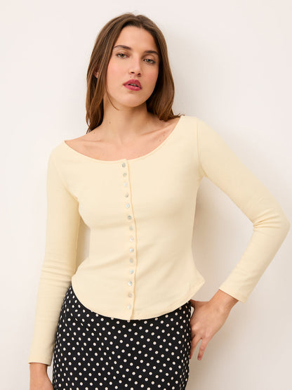 BEATA vanilla slim-fit boat-neck cotton top, front view by Rouje