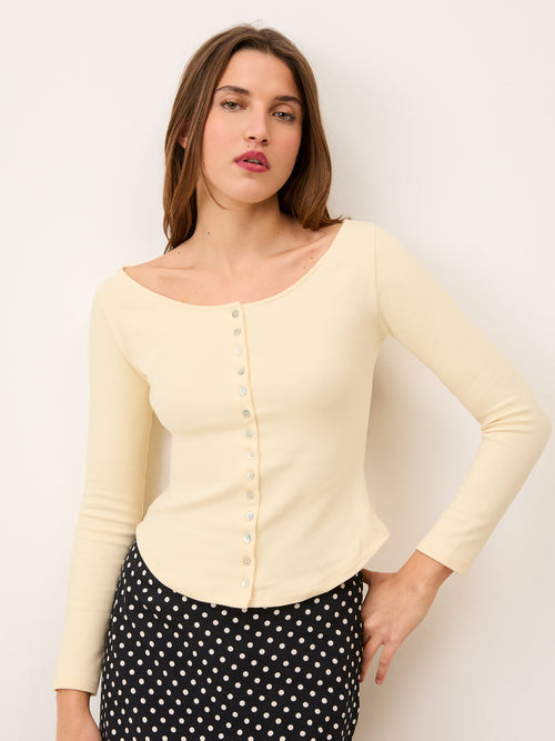 BEATA vanilla slim-fit boat-neck cotton top, front view by Rouje