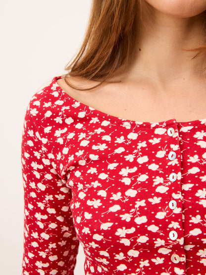 BEATA red sweet-pea print slim-fit cotton top, detail of print by Rouje