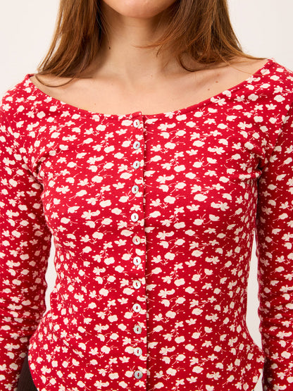 BEATA red sweet-pea print slim-fit cotton top, flat packshot by Rouje