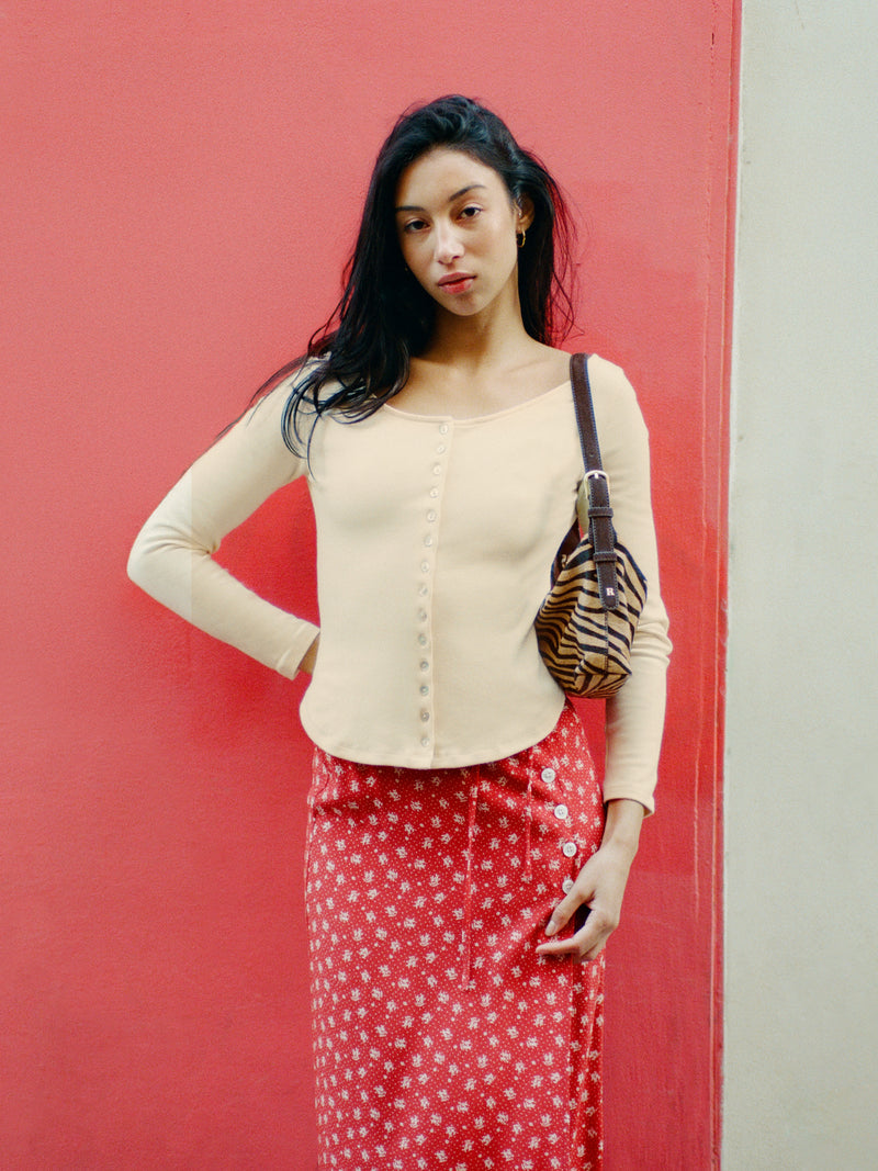 BEATA vanilla slim-fit boat-neck cotton top, flat packshot by Rouje
