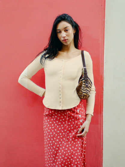 BEATA vanilla slim-fit boat-neck cotton top, flat packshot by Rouje
