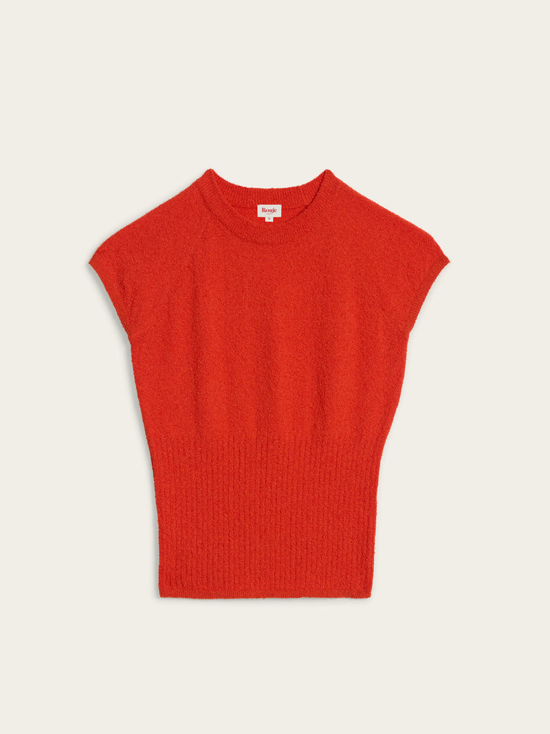 CIDALIA blood orange short-sleeve ribbed knit top, flat packshot by Rouje
