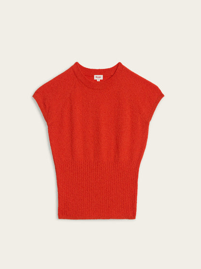 CIDALIA blood orange short-sleeve ribbed knit top, flat packshot by Rouje