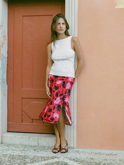 DAMIEN white low-back pointelle tank top, lifestyle setting by Rouje