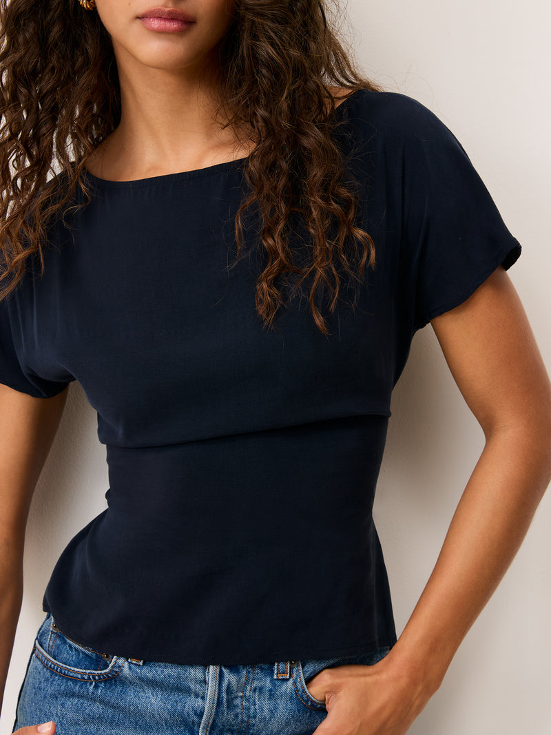 DEAN navy blue lace-up back blouse, front view by Rouje