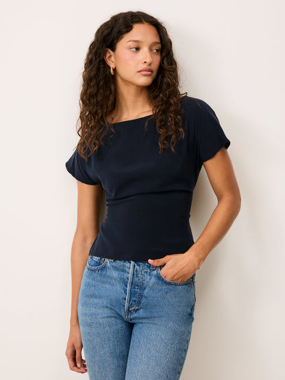 DEAN navy blue lace-up blouse worn on a model by Rouje