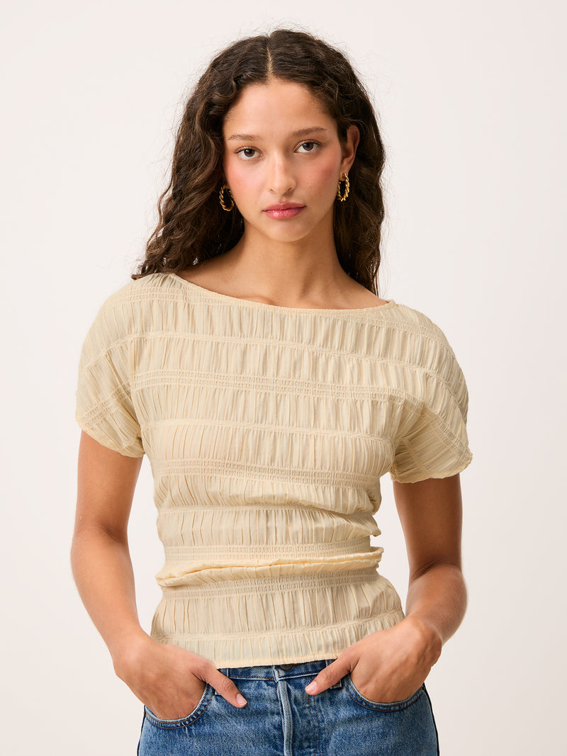 DEAN ecru smocked lace-up top, back view by Rouje