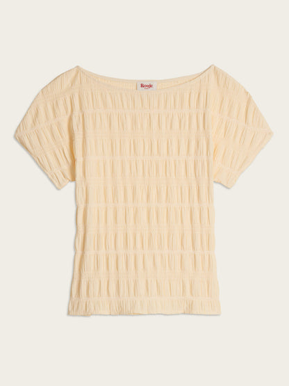 DEAN ecru smocked lace-up short-sleeve top, flat packshot by Rouje