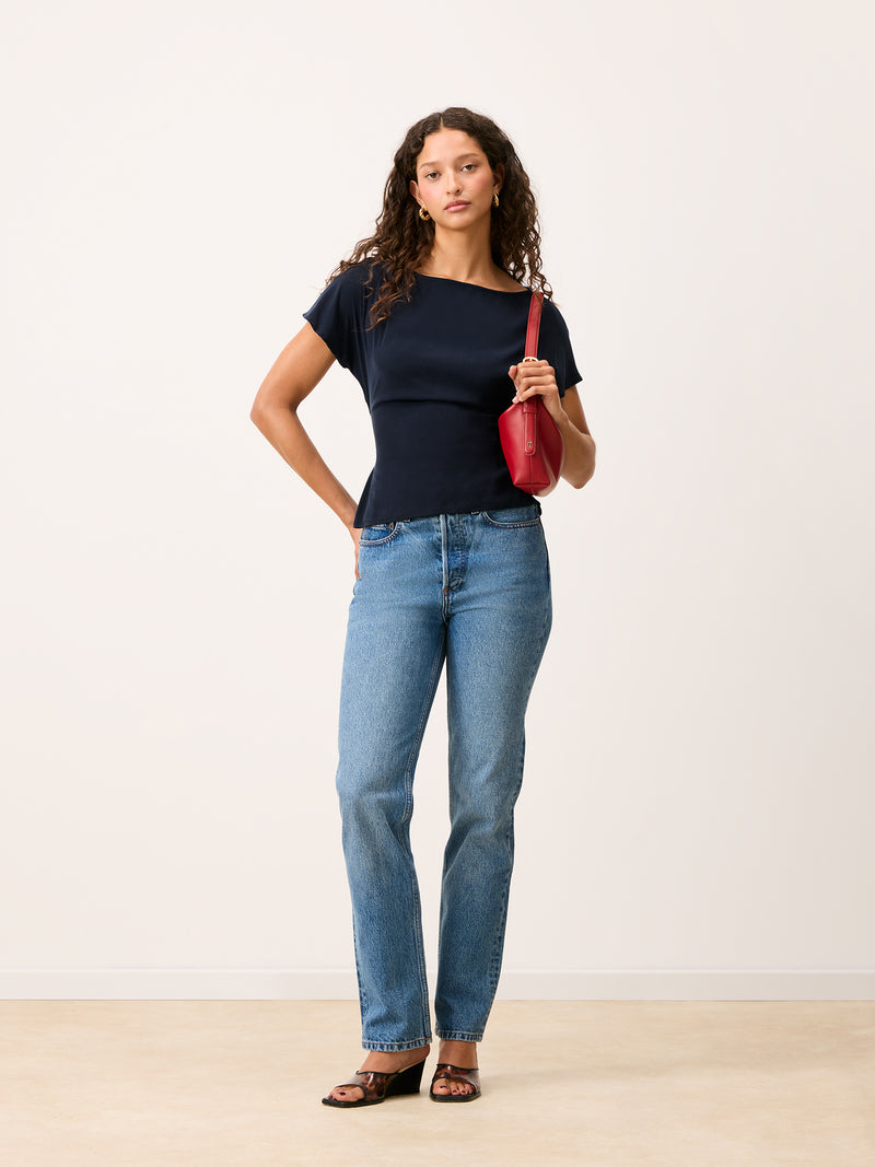 DEAN navy blue flowing lace-up back blouse, side view by Rouje