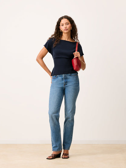 DEAN navy blue flowing lace-up back blouse, side view by Rouje
