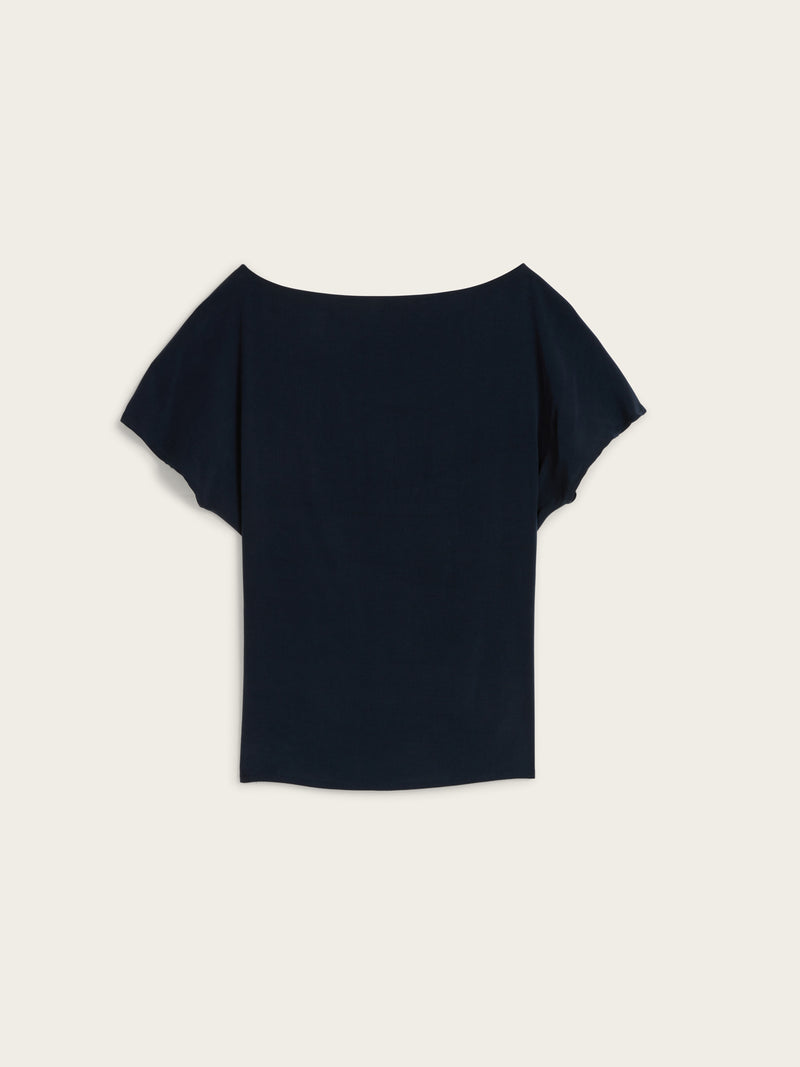 DEAN navy blue flowing lace-up back blouse, flat packshot by Rouje