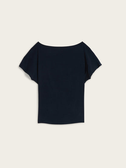 DEAN navy blue flowing lace-up back blouse, flat packshot by Rouje