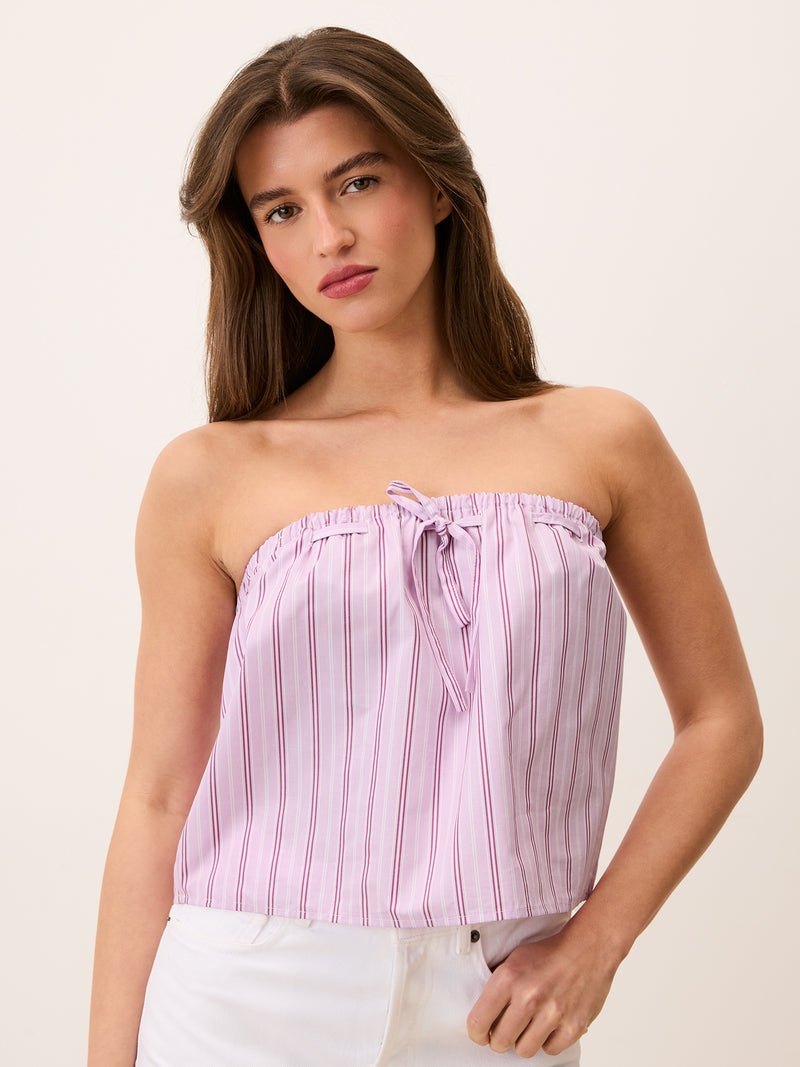 HAILEY pink striped crop top, detail of lace-up ribbon by Rouje