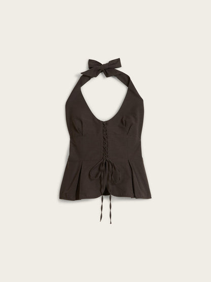 JUDITH brown open-back plunging top, flat packshot by Rouje