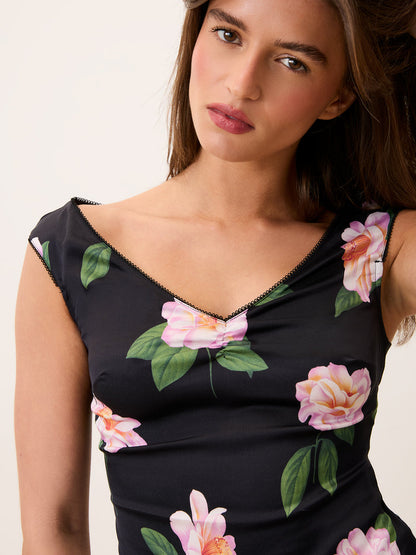 LUNA black Fleurs de Minuit floral fitted satin top, front view by Rouje