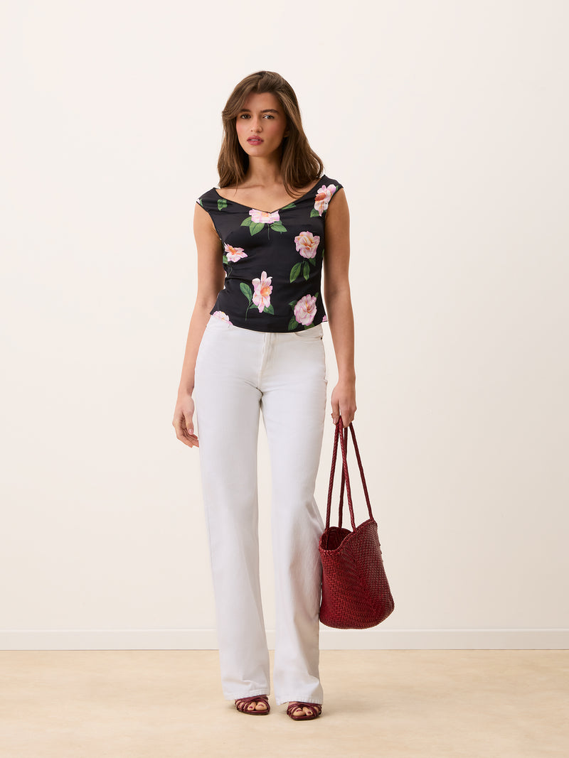 LUNA black floral satin top worn on a model by Rouje