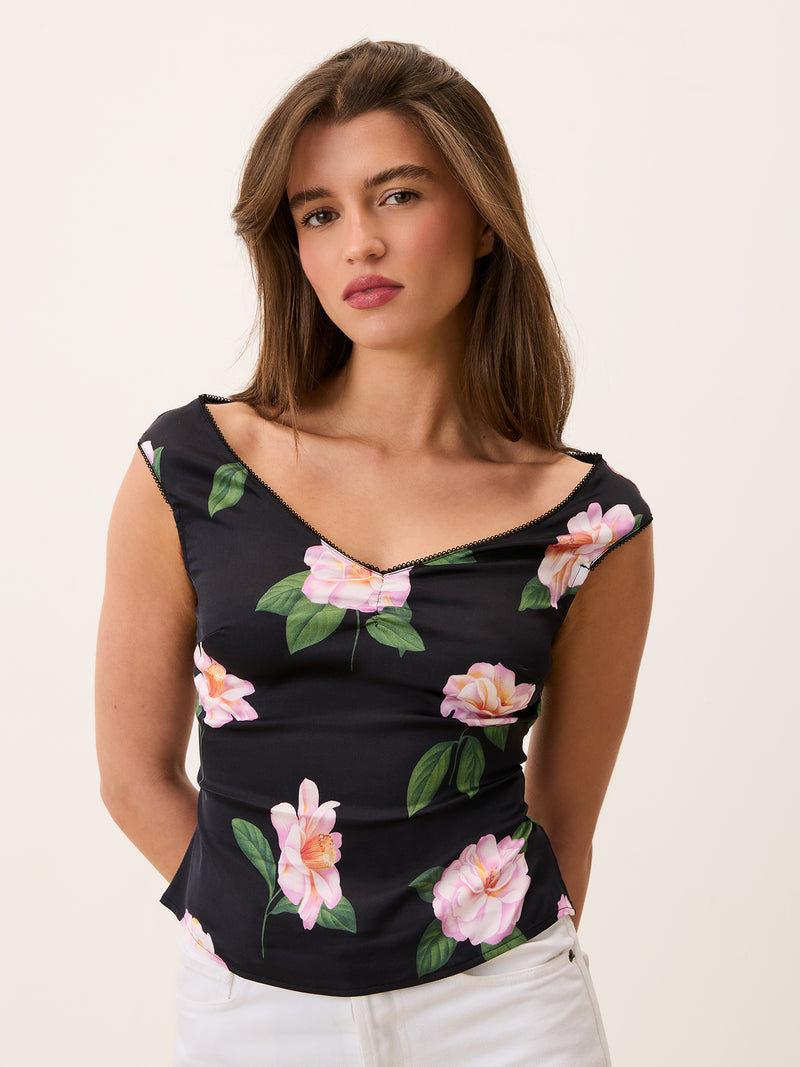 LUNA black floral satin top, back view by Rouje