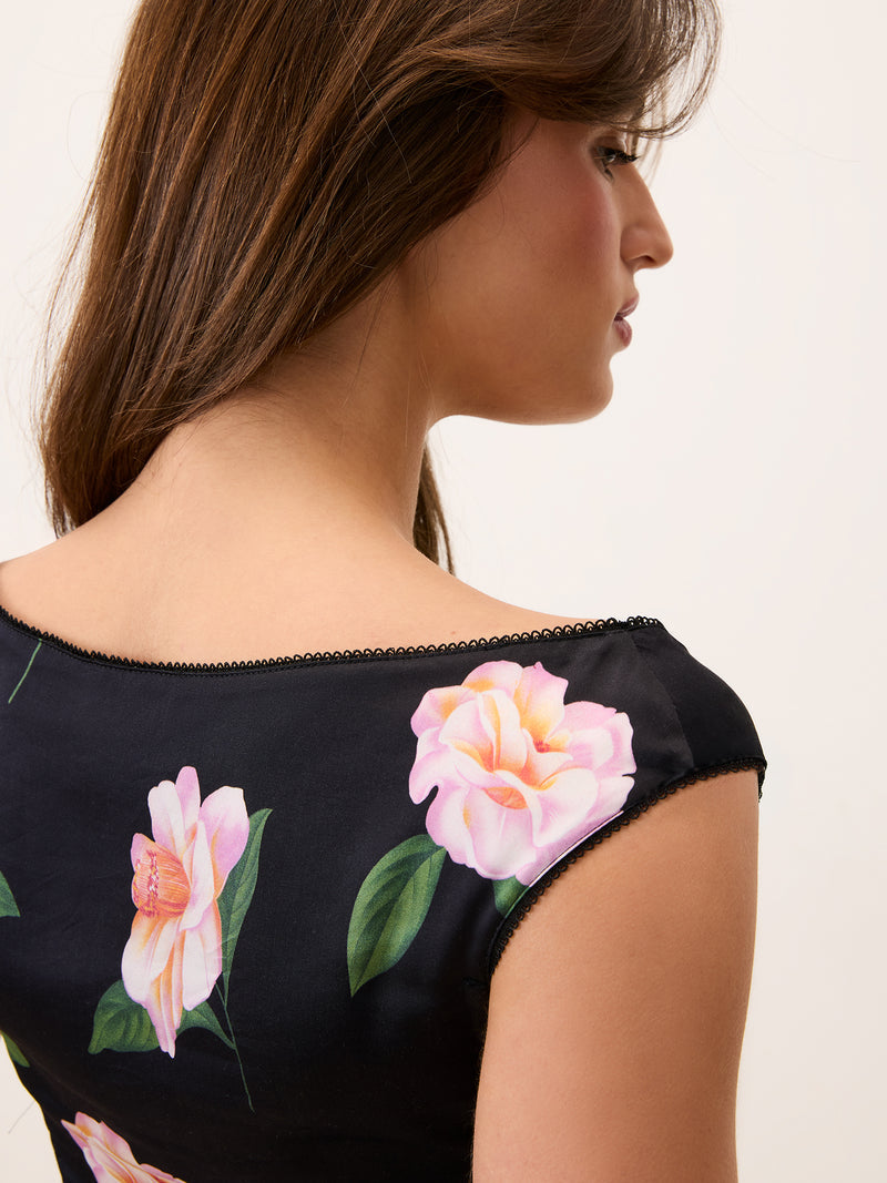 LUNA black Fleurs de Minuit satin top, detail of boat neckline by Rouje
