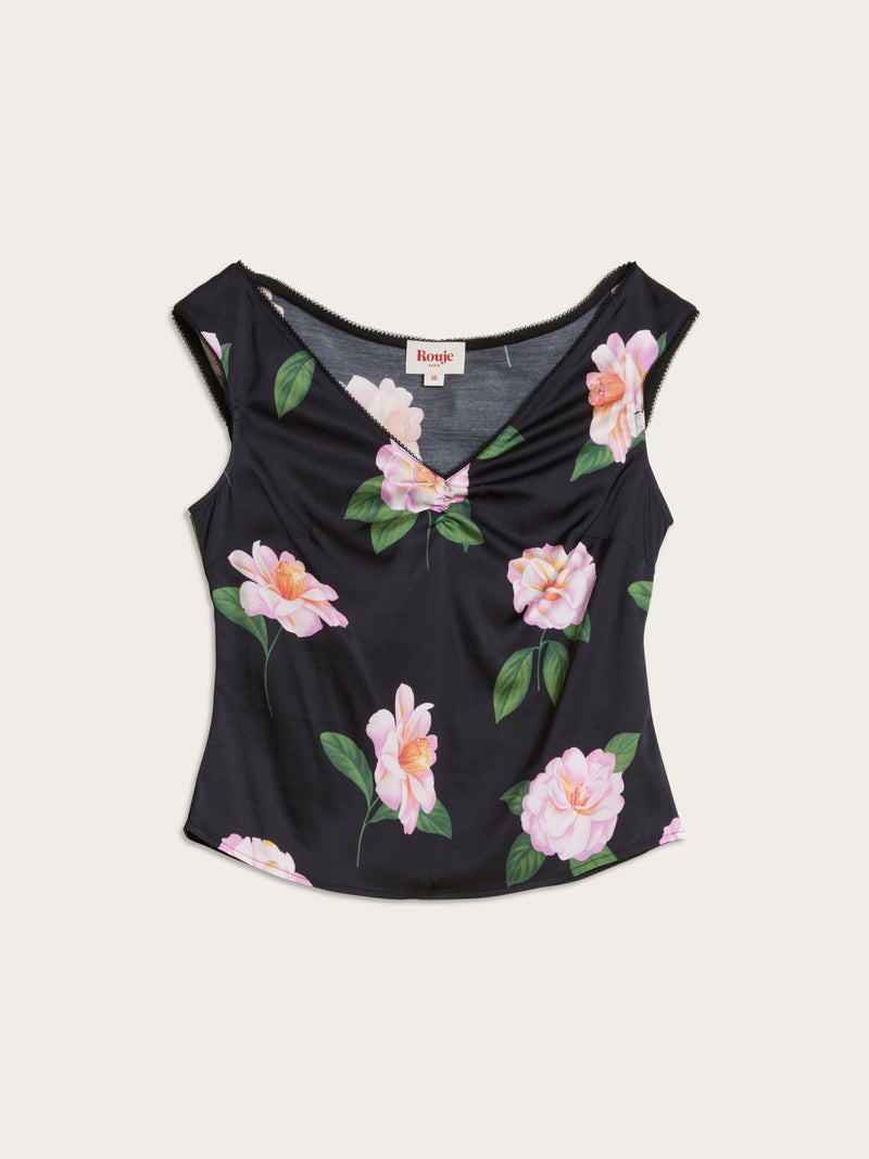 LUNA black Fleurs de Minuit floral fitted satin top, flat packshot by Rouje