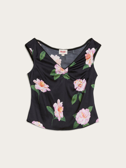 LUNA black Fleurs de Minuit floral fitted satin top, flat packshot by Rouje