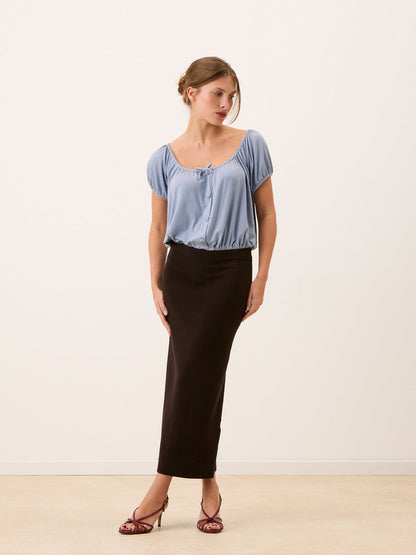 MAEL lilac blue flowy crop top with gathered short sleeves, front view by Rouje