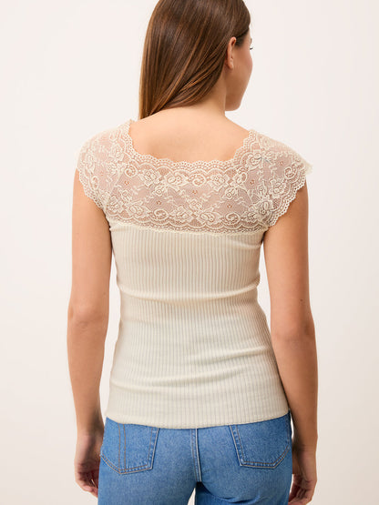 MALLA ecru woolen top with square lace neckline, flat packshot by Rouje