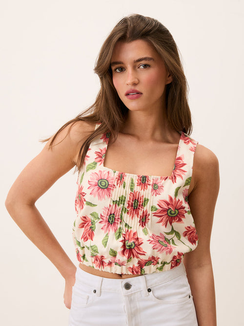MINA ecru Sunflower floral pleated cotton crop top, front view by Rouje