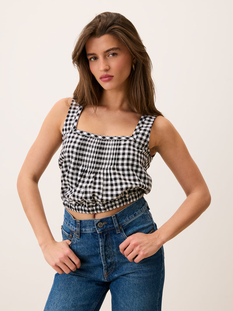 MINA black gingham sleeveless pleated crop top, front view by Rouje