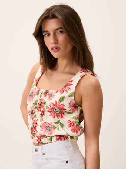 MINA ecru floral pleated crop top worn on a model by Rouje