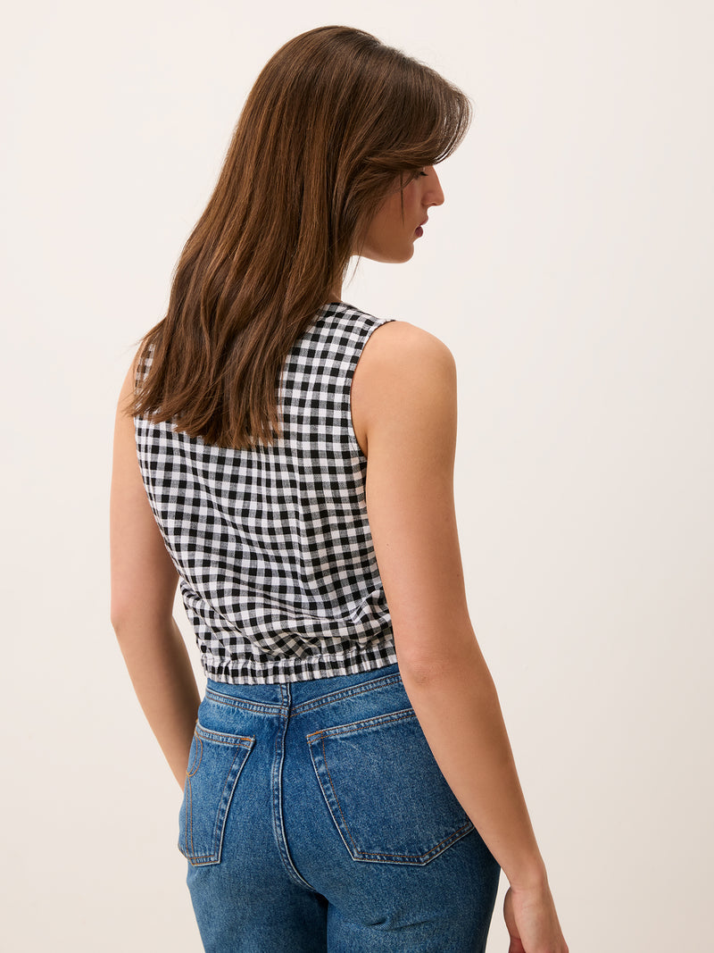 MINA black gingham crop top, back view by Rouje