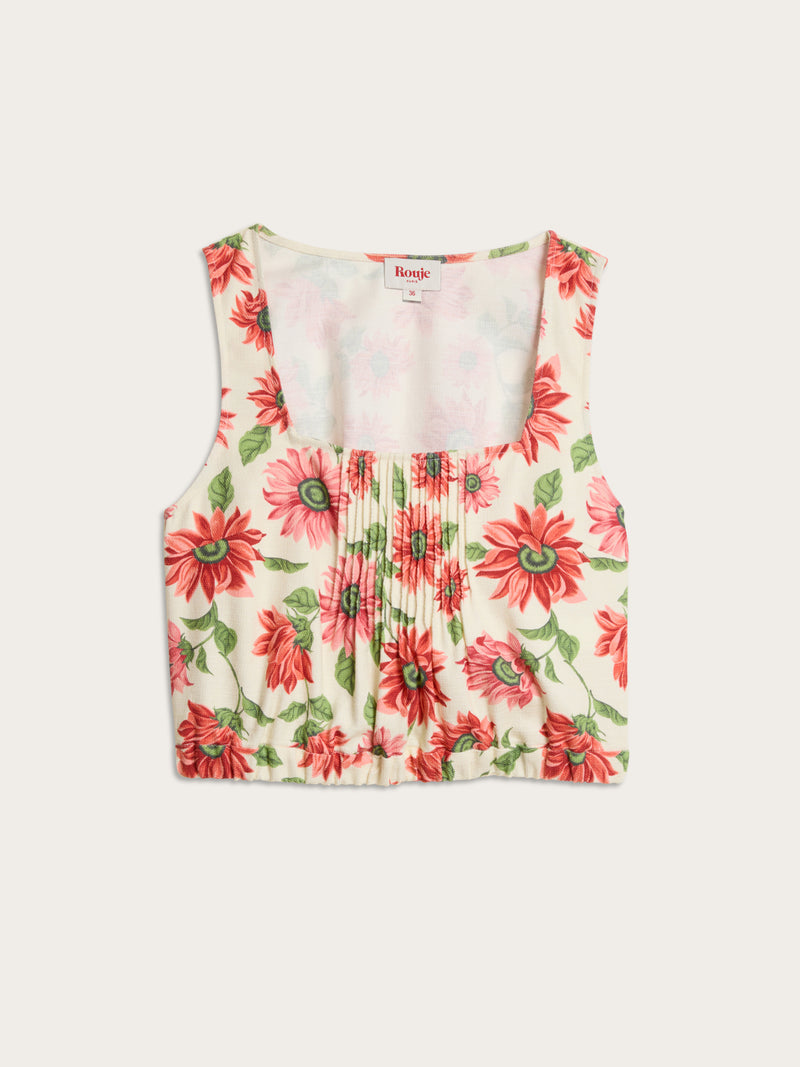 MINA ecru Sunflower floral pleated cotton crop top, flat packshot by Rouje