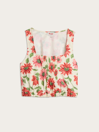 MINA ecru Sunflower floral pleated cotton crop top, flat packshot by Rouje