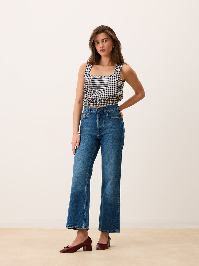 MINA black gingham sleeveless pleated crop top, detail of square neckline by Rouje