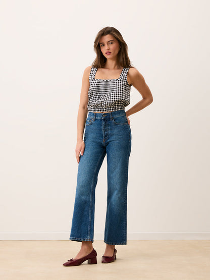 MINA black gingham sleeveless pleated crop top, detail of square neckline by Rouje