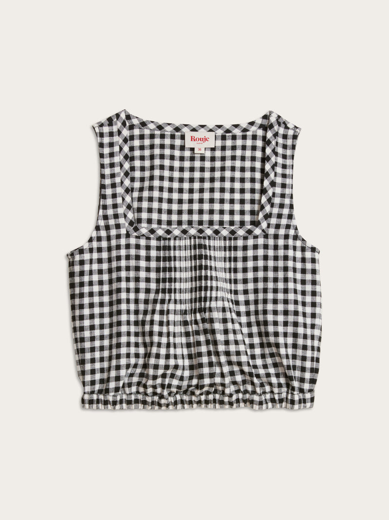 MINA black gingham sleeveless pleated crop top, flat packshot by Rouje