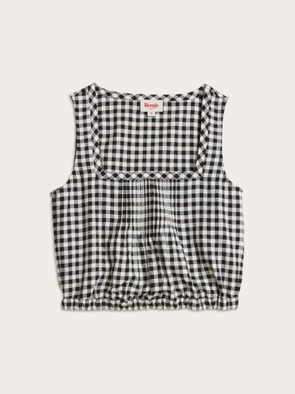 MINA black gingham sleeveless pleated crop top, flat packshot by Rouje