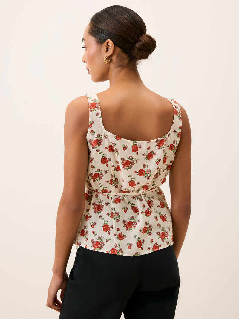 NADIA ecru Balade bucolique floral crossover top, lifestyle setting by Rouje