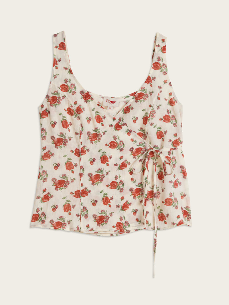 NADIA ecru Balade bucolique floral print crossover top, flat packshot by Rouje