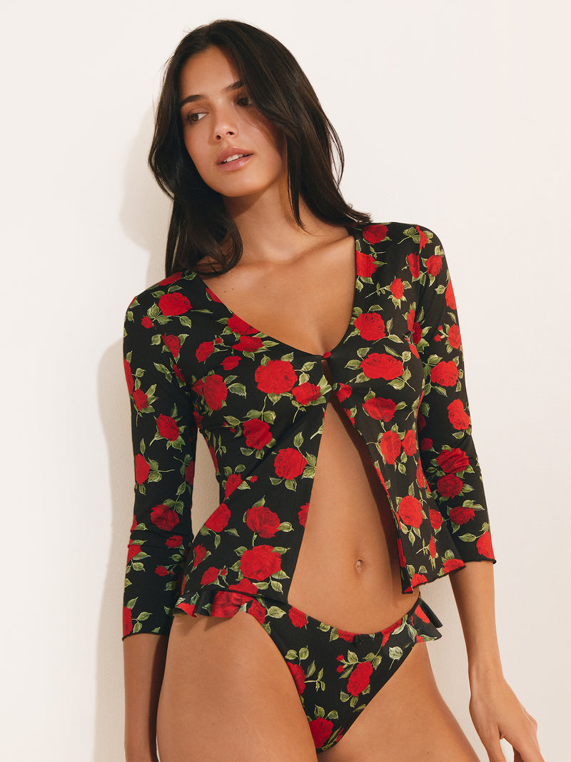 NORA red roses print cardigan worn on a model by Rouje x Etam