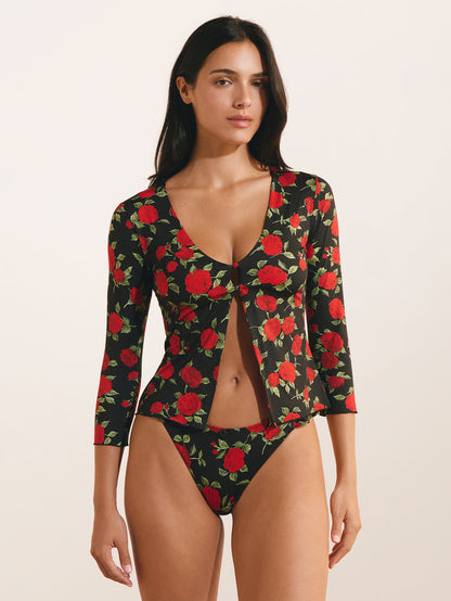 NORA red floral print cardigan, side view by Rouje x Etam