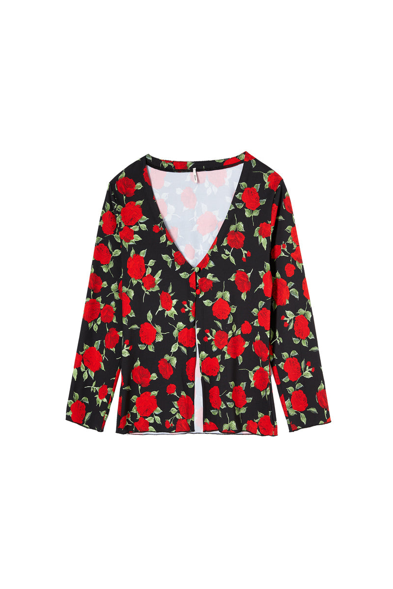 NORA red roses print floral cardigan, flat packshot by Rouje x Etam